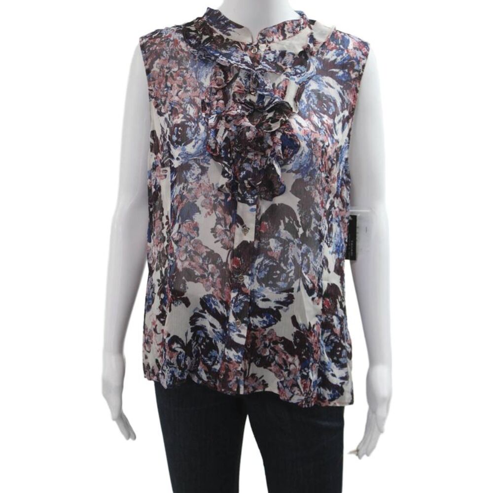 Tahari Levine Womens Sleeveless Floral Button-Up Blouse Blue Polyester Size L